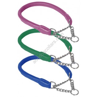 Ace Rolled super SOFT Half Check Leather Dog Collar:(Purple, Green, Blue) :::Stainless Steel Chain:::